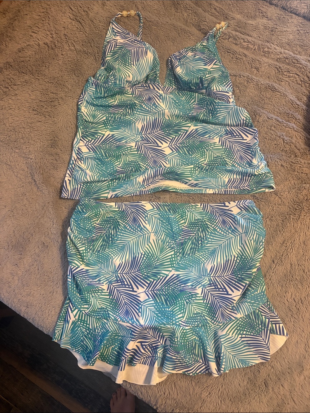 Nicole Miller Blue Teal Palm-Print Two-Piece Tankini & Skirt Swim Set